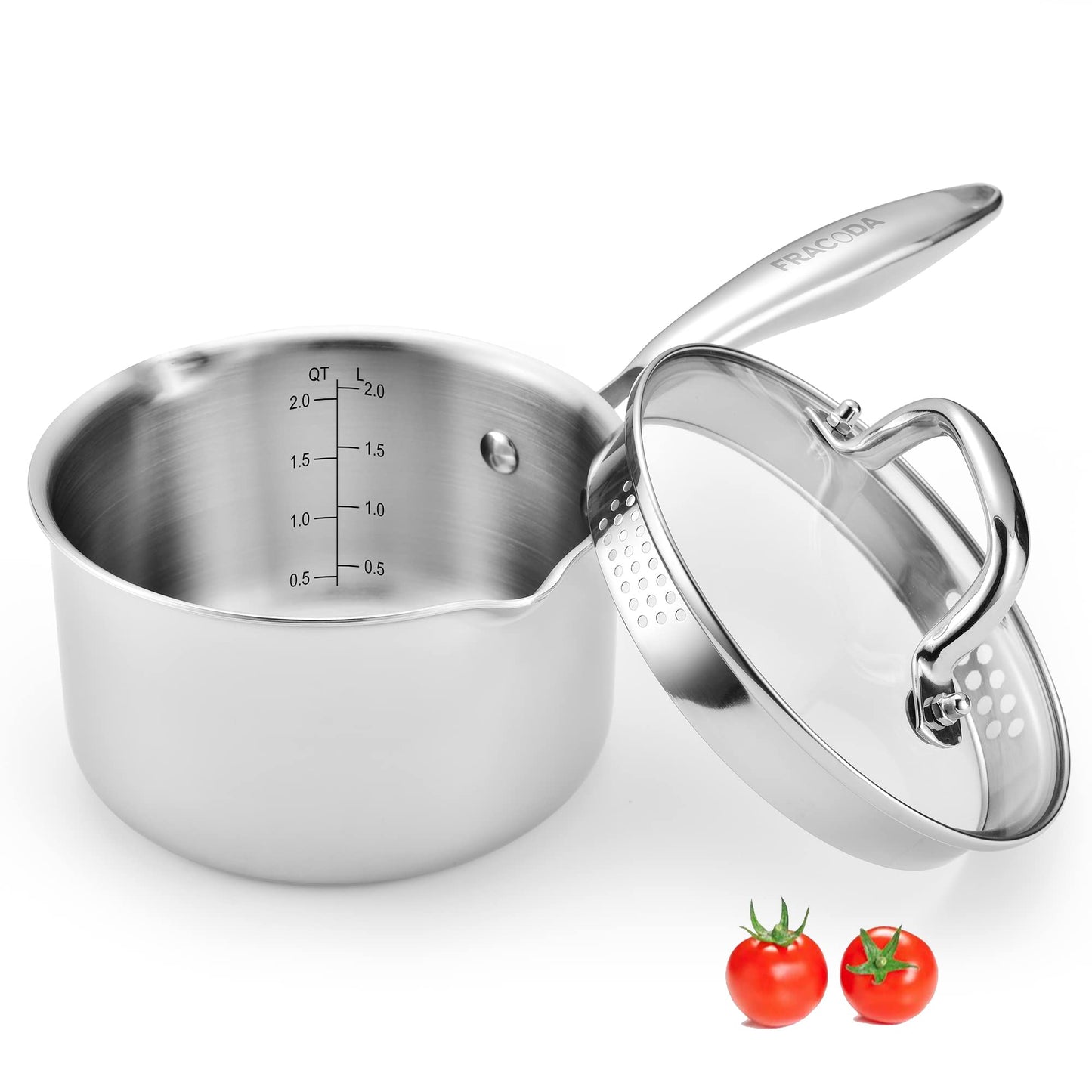 Fracoda 3.5 Quart Stainless Steel Pot Saucepan with Glass Strainer Lid, Sauce Pot with Two Side Spouts, Induction Cooking Pot, Multipurpose Sauce Pan with Lid for Cooking(Tri-Ply Full Body)