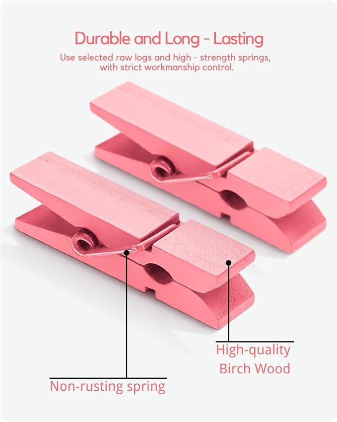 Pink Clothes Pins for Baby Shower, Mini Wooden Clothespins 1.4 Inch 50 PCS, Colored Tiny Clips Close Pin for Classroom Crafts Project Decorations Hanging Artwork Display Pegs