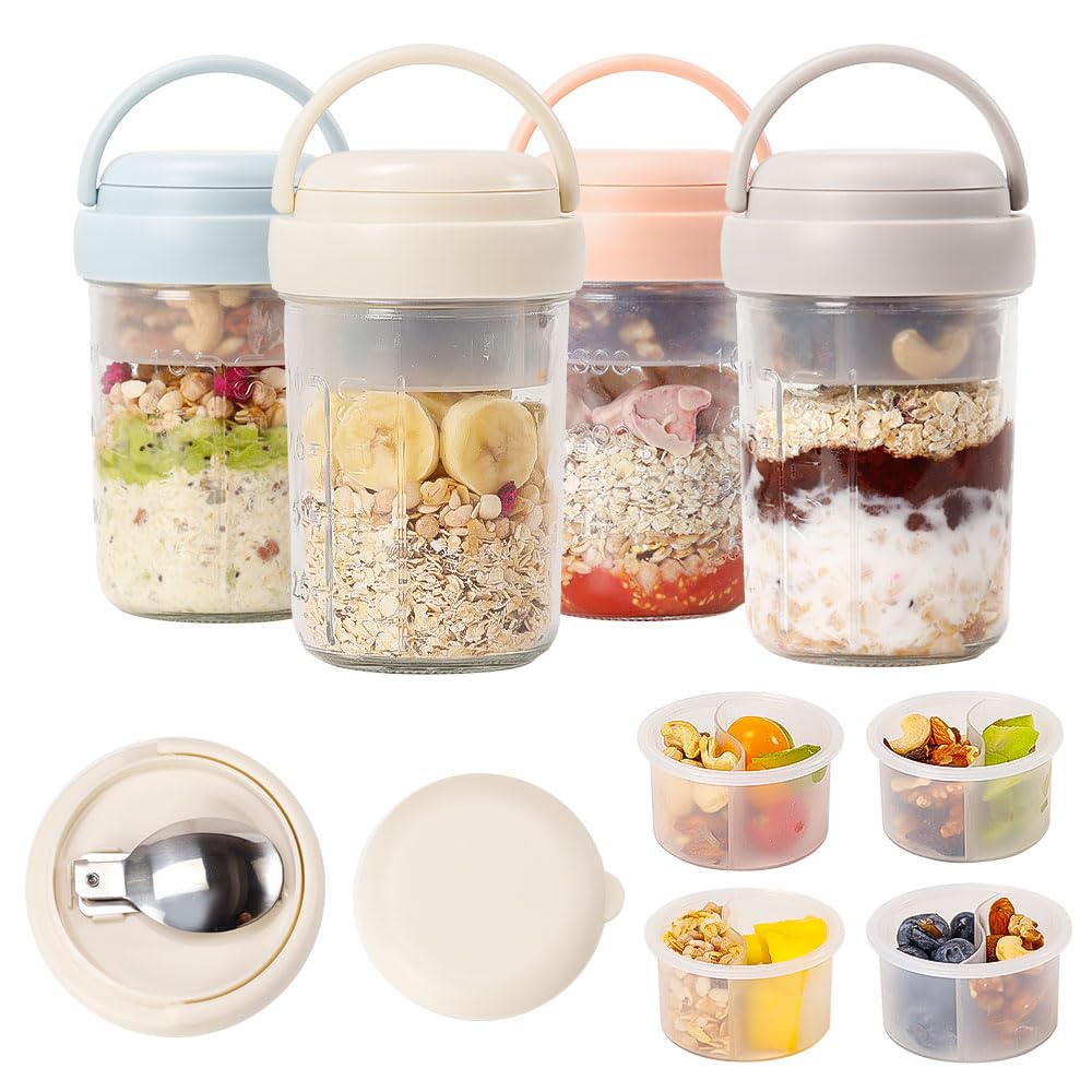 UWILLION 4 Pack Overnight Oats Containers with Handles, 16 oz Glass Mason Jars with Lids, Folding Spoons & Topping Compartments, Yogurt Parfait Cups for Weekly Meal Prep, Chia Pudding & Snacks