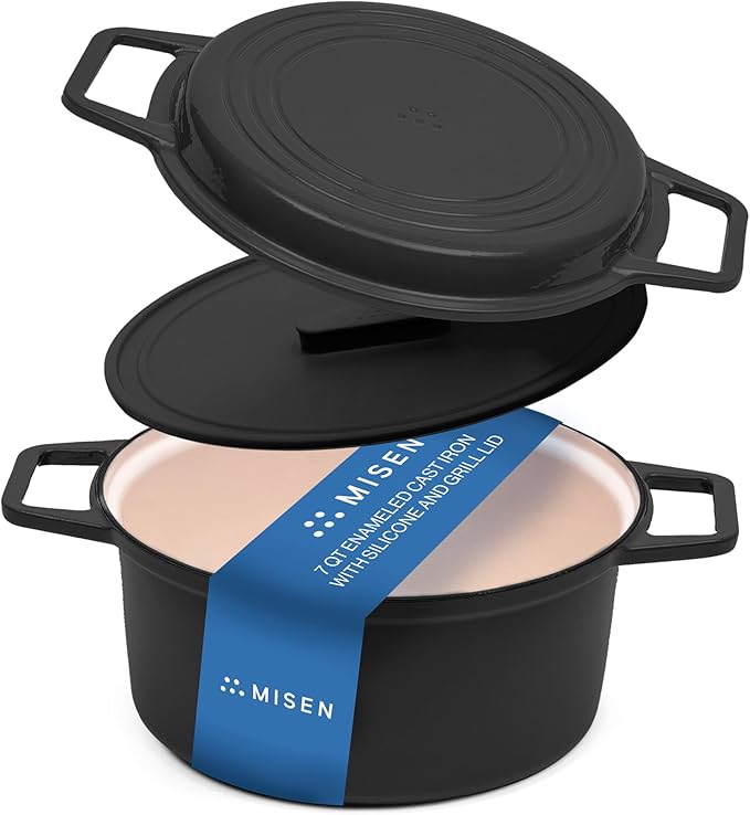 Misen 7 QT Enameled Cast Iron Dutch Oven - Chip-Resistant Enamel Coating - Thick Iron Core For Heat Retention - Large Cooking Surface - Oven Safe, Induction Compatible - Grill and Silicone Lid, Red
