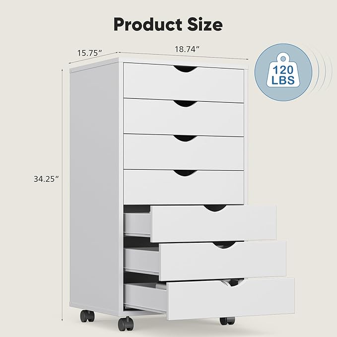 OLIXIS 7 Drawer Mobile File Cabinet Under Desk Storage Organization with Wheels Vertical Filing Chest Rolling Wood Small Desk Printer Stand for Home Office, 15.75"D x 18.74"W x 34.25"H, White