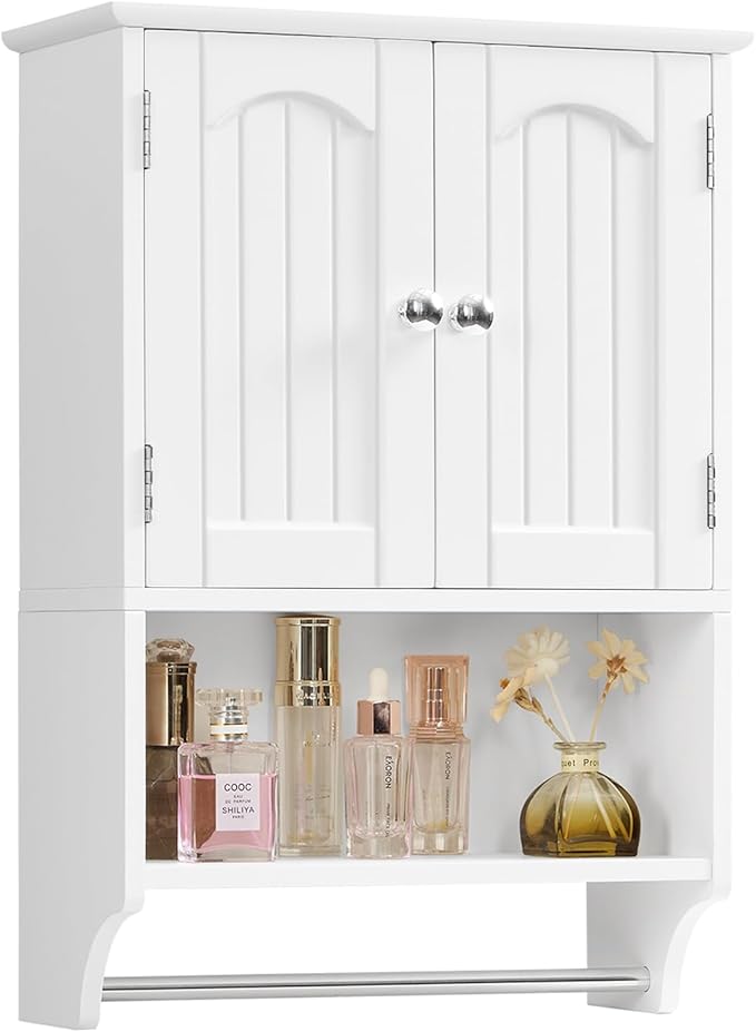 TEENFON Bathroom Wall Cabinet with Adjustable Shelves and Towel Rack, Wall Mounted Over The Toilet Storage Cabinet for Bathroom, Living Room, White UNGGX005W