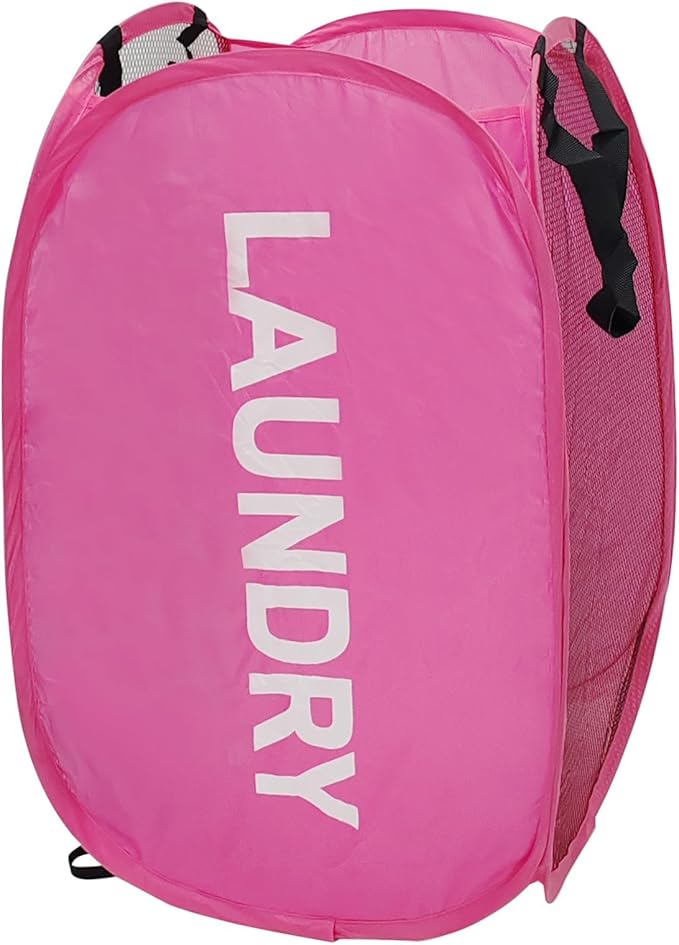 Pop Up Laundry Hamper Collapsible Laundry Basket Mesh Foldable Pink Dirty Clothes Hamper with Handles for Home, Bathroom, Bedroom, Travel, Cruise