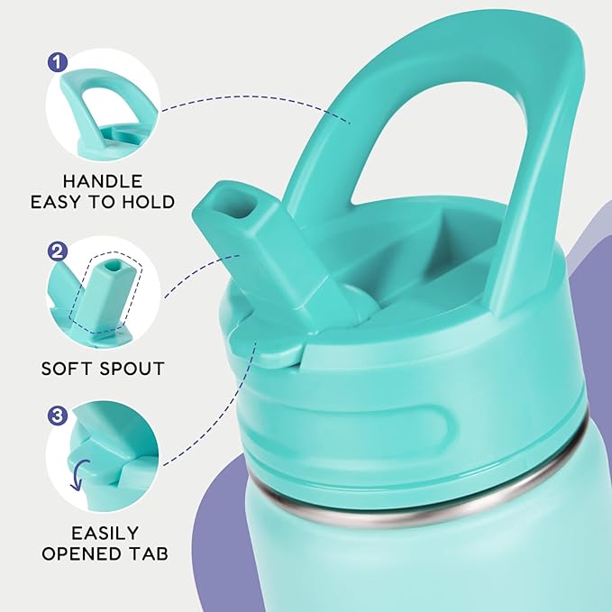 12oz Kids Water Bottle for School, Toddler Bottles with Straws, Stainless Steel Vacuum Insulated Water Bottle for Boys&Girls, Leak-Proof, BPA-Free, Blue + Green