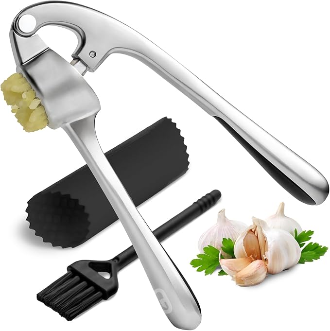 Garlic Press Crusher & Mincer – Easy Squeeze Ergonomic Handle, Heavy Duty Zinc Alloy, Dishwasher Safe, Includes Peeler & Cleaning Brush – Garlic Ginger Crusher Tool (Black)
