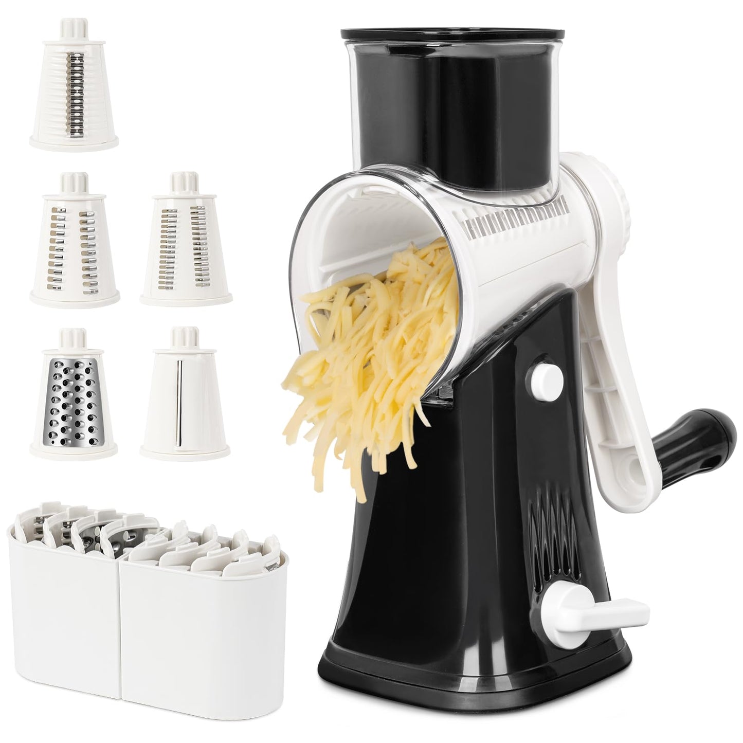 X Home Rotary Cheese Grater for Kitchen, Shredder with 3 Interchangeable Blades, Rotary Grater with Handle and Strong Suction Base, for Vegetables, Fruit, Nuts, Easy to Use and Clean, Black