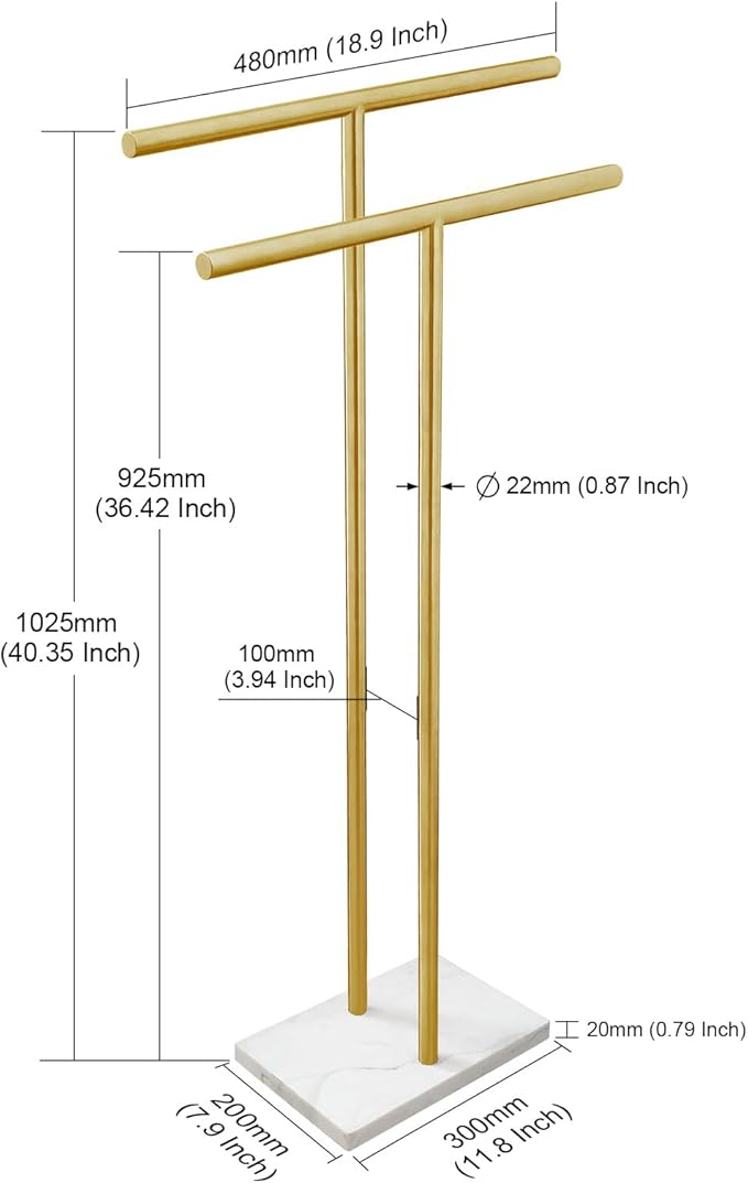 40 Inch Standing Towel Rack for Bathroom Floor Double-T Shape Bath Sheet Holder with Marble Design Base Towel Rack Freestanding Next to Tub or Shower Towel Holder Stand SUS304 Brushed Gold