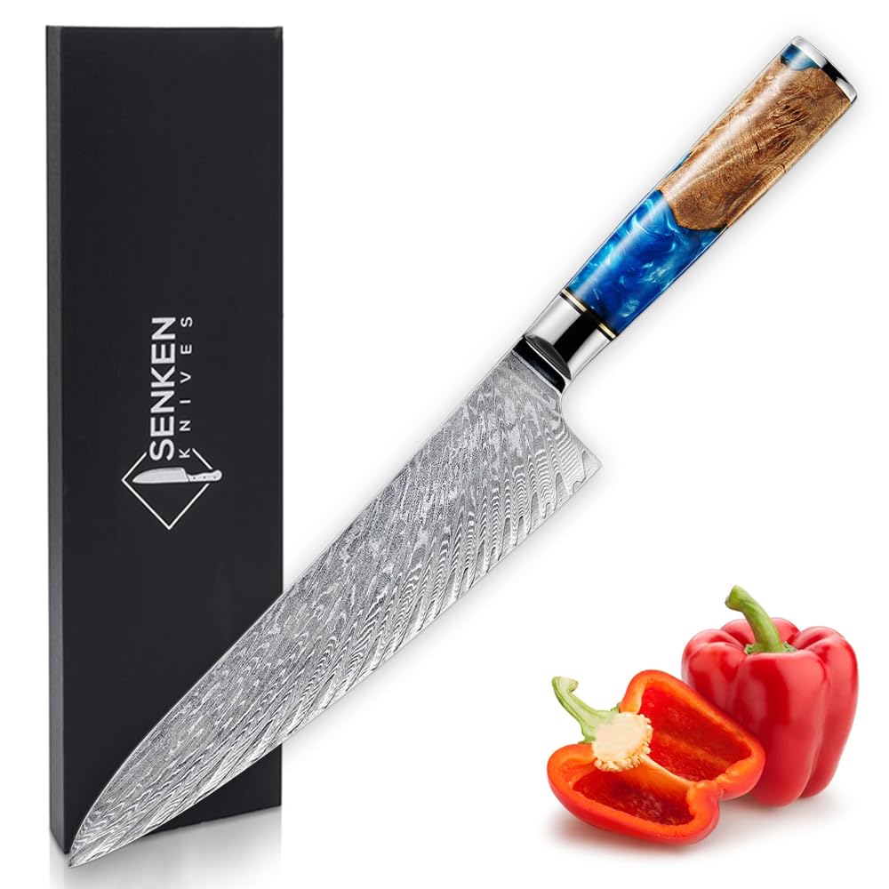 SENKEN Damascus Steel Chef's Knife - Tsunami Collection - 67-Layer Japanese VG10 Steel Core - Unique Blue Resin & Natural Wood Handle, Razor Sharp, Beautiful Damascus Wave Pattern (8" Chef's Knife)