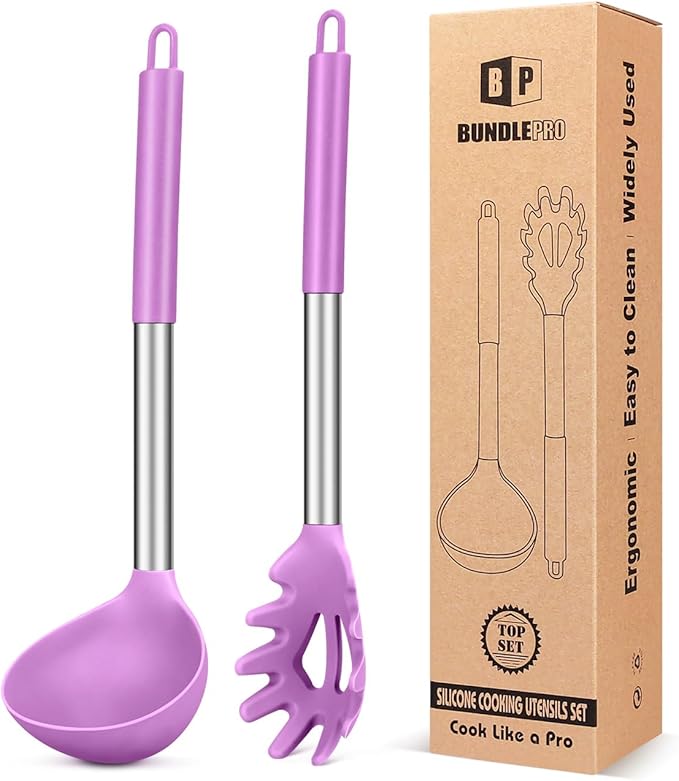 BUNDLEPRO Silicone Pasta Fork and Soup Ladle Spoon Set, 2 Pack, Pink
