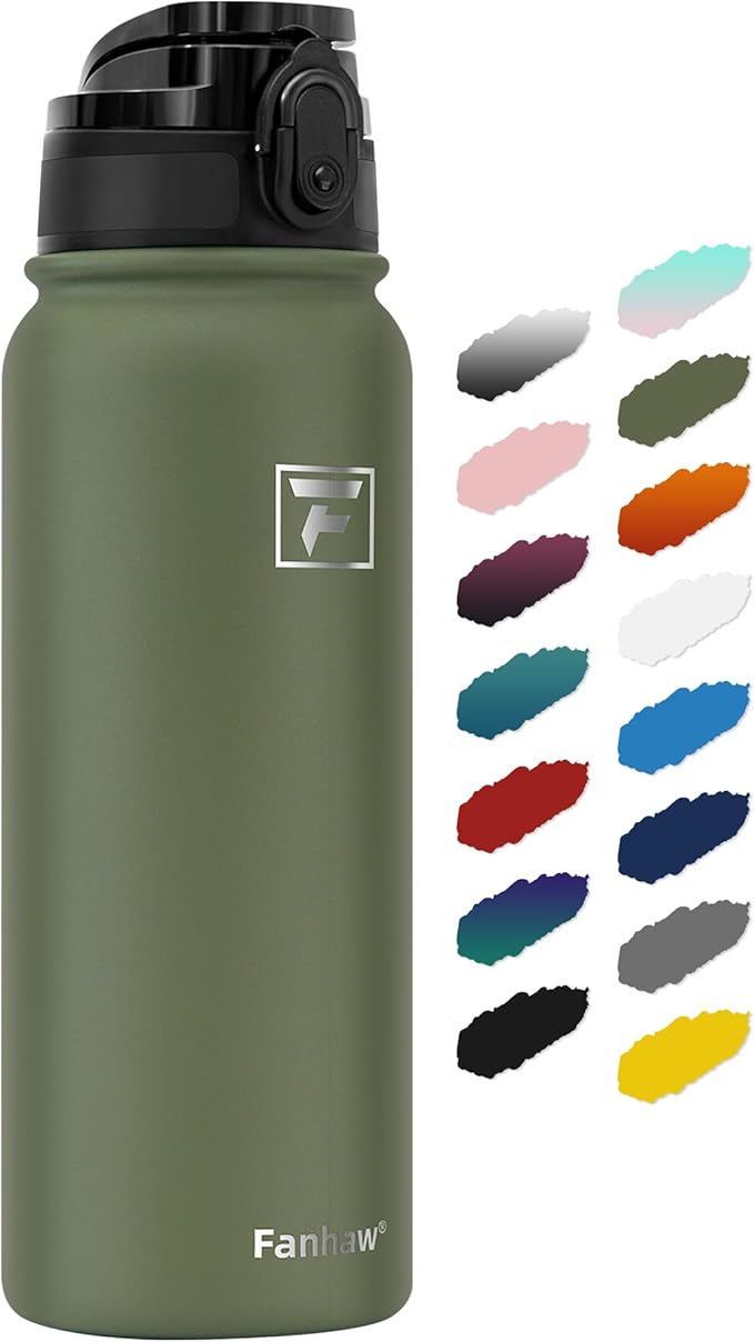 Fanhaw 20 oz Insulated Stainless Steel Water Bottle with Anti-Dust Chug Lid, Leakproof Vacuum Metal Bottle for Kids, Women & Men (Olive Green)