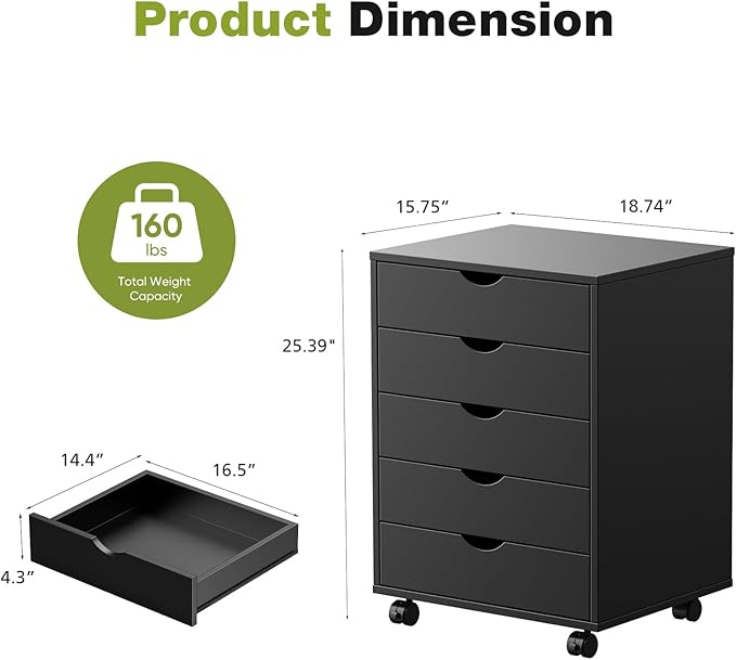 Sweetcrispy 5 Drawer Chest Mobile Storage Cabinets Small Wooden Dresser with Wheels Room Organization Furniture for Office Home, Black Wood