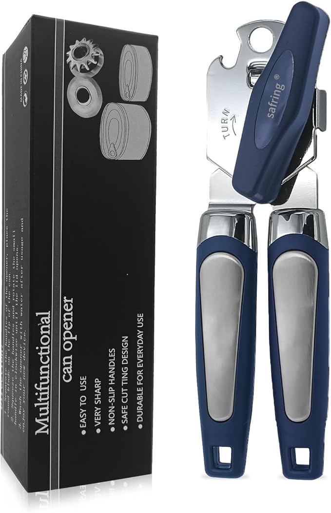 Safring Can Opener Manual, Handheld Strong Heavy Duty Stainless Steel Can Opener, Comfortable Handle, Sharp Blade Smooth Edge, Can Openers with Multifunctional Bottle Opener, Aqua Sky