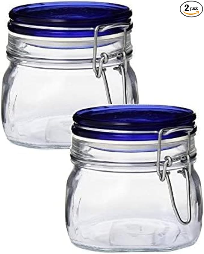 Bormioli Rocco Fido Glass Canning Jars, Blue Lids – 67.75 oz Airtight Containers with Clamp Lock Canisters for Preserving Vegetables, Sauces & Cooking “Au Bain-Marie” – Dishwasher Safe (Set of 2)