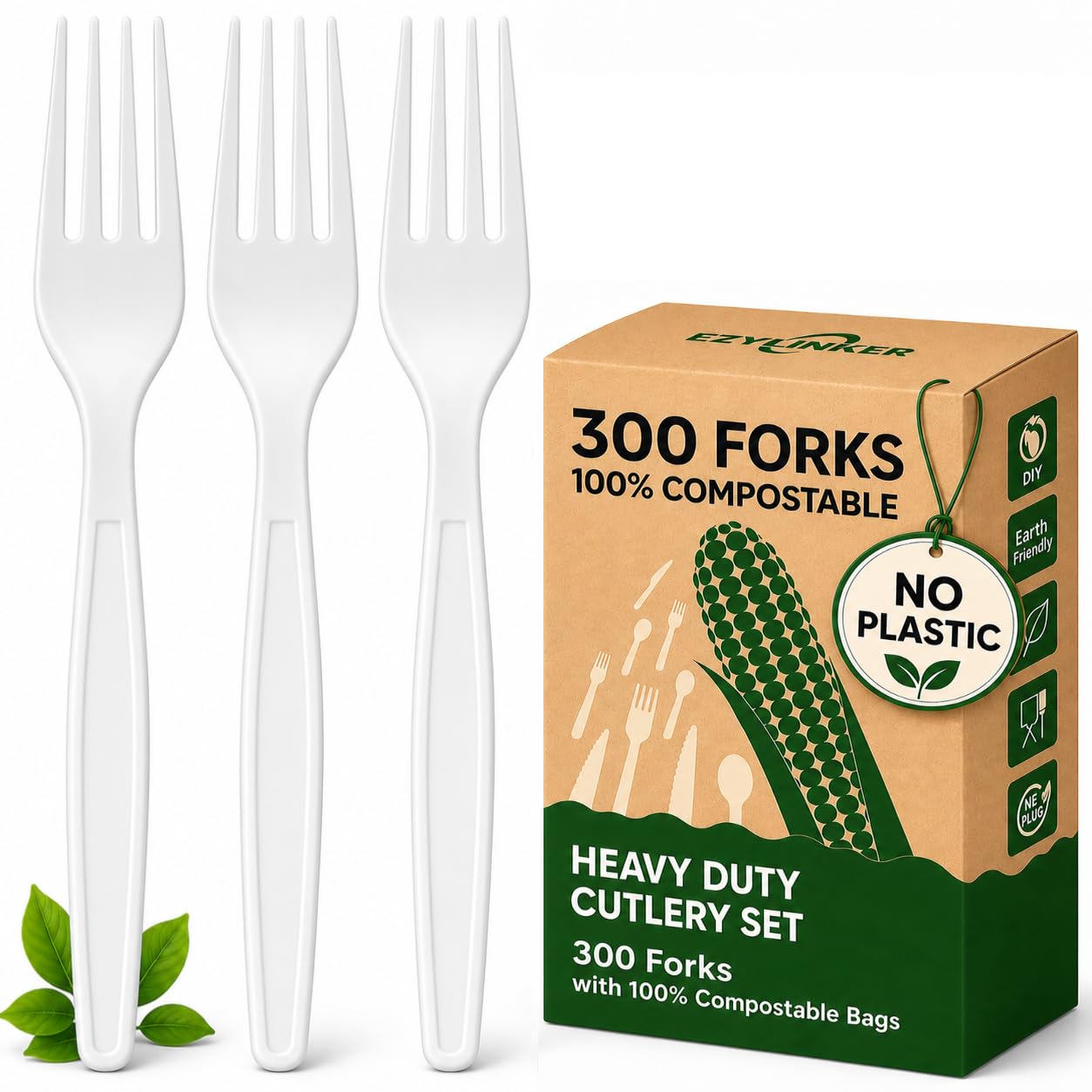 EZYLINKER 300-Count Compostable Forks - Eco-friendly, Heavy Duty BPI Certified, Plastic-Free Disposable Forks Set for BBQ, Camping, Events - Plant-Based No Plastic Forks Set