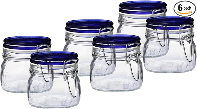 Bormioli Rocco Fido Glass Jars - 17.5 oz Airtight Containers with Clamp Lids & Rubber Seals, BPA-Free Dishwasher Safe - Jars for Gifting Homemade Preserves, Cookies, Candy & Pantry Storage (Set of 6)