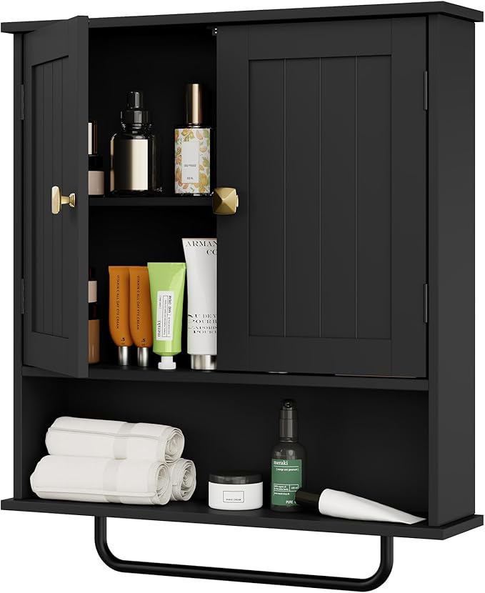RRX Bathroom Cabinet Wall Mounted Medicine Cabinets with Towels Bar, Over The Toilet Storage Cabinet with 2 Doors and Adjustable Shelf, White Wall Cabinet for Bathroom Laundry Kitchen (Black)
