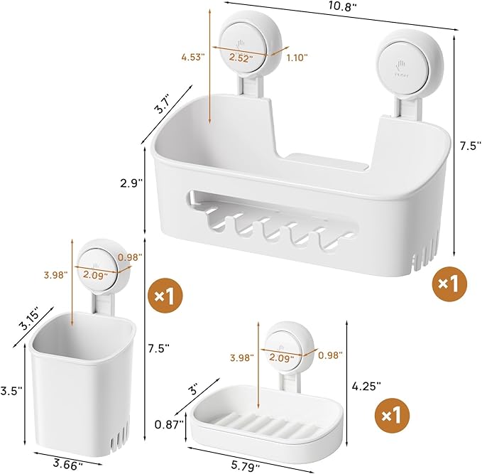 LEVERLOC Shower Caddy Suction Cup Set Shower Organizer & Soap Holder & Toothbrush Holder, Bathroom Shelf Basket NO-Drilling, Removable Suction Storage Waterproof Bathroom Caddy, White | Shower Organizer, Soap Holder, Toothbrush Holder, Removable Suctio...