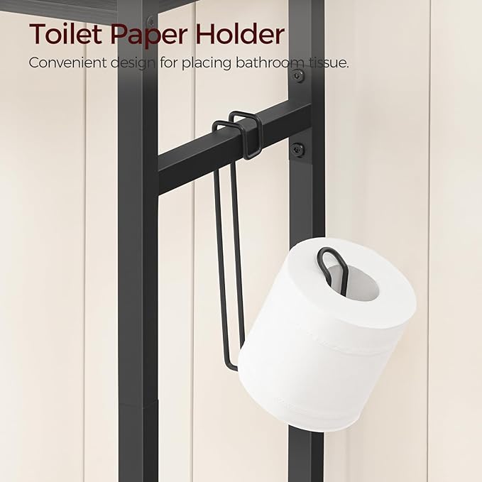 Over The Toilet Storage Rack, 3 Tier Bathroom Organizer Over Toilet, Freestanding Space Saver Toilet Stand with 2 Hooks, Bathroom Storage Shelf, Easy to Assemble, Black TSBK6001