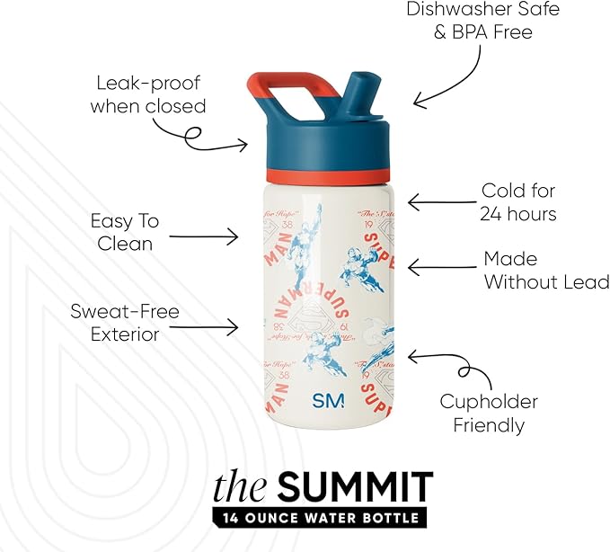 Simple Modern Kids Summit Water Bottle with Straw Lid | DC Comics Superman 14oz Insulated Stainless Steel Cup for Boys, Girls, School | Superman Stand for Hope