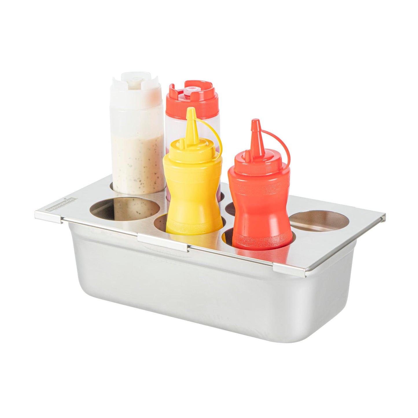 Restaurantware Squeeze Bottle Holder 1 Count 6.30 x 7.01 x 6.26 Inches Stainless Steel Condiment Organizer - Four-Hole Durable Kitchen Rack - Silver Prep Station Organizer