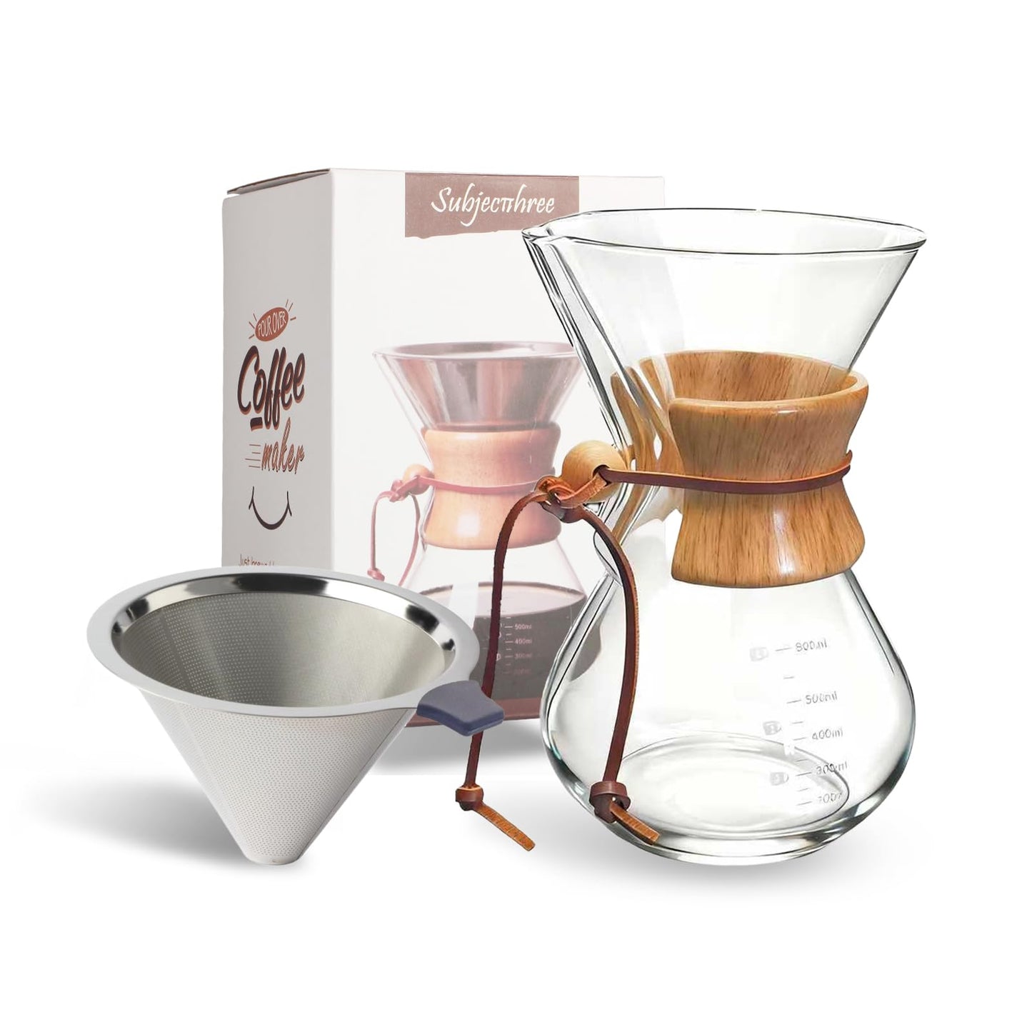 subjectthree Drip Coffee Pour Over Glass Coffee Maker Kit 8 Cup (28 Ounce)