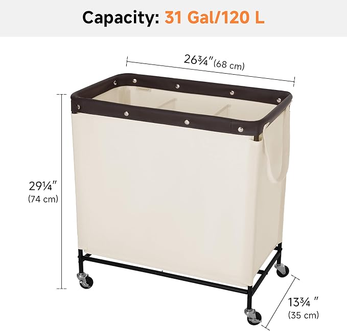 StorageWorks 3 Section Laundry Hamper, Rolling Laundry Cart with Wheels and Handles, Laundry Room Double Sorter for Organizer and Storage, 31.7 Gal(120L), Beige