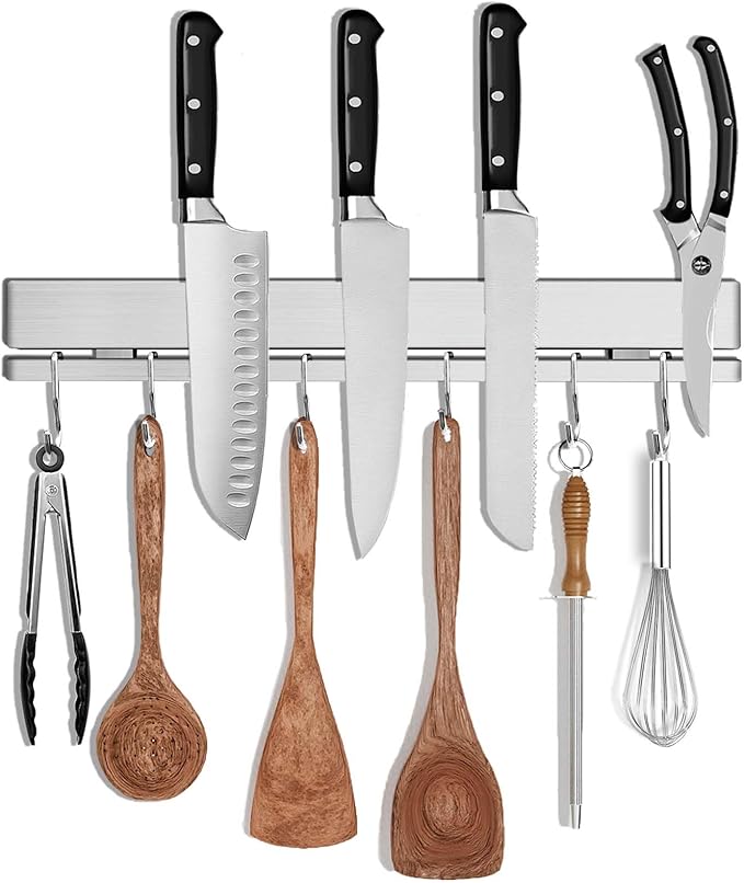 HomeSimplex 17 Inch Magnetic Knife Holder for Wall, Adhesive Knife Magnetic Strip No Drilling with 12 Hooks, Powerful Magnetic Knife Strip, Magnetic tool Holder for Kitchen Knives & Utensils (Silver)