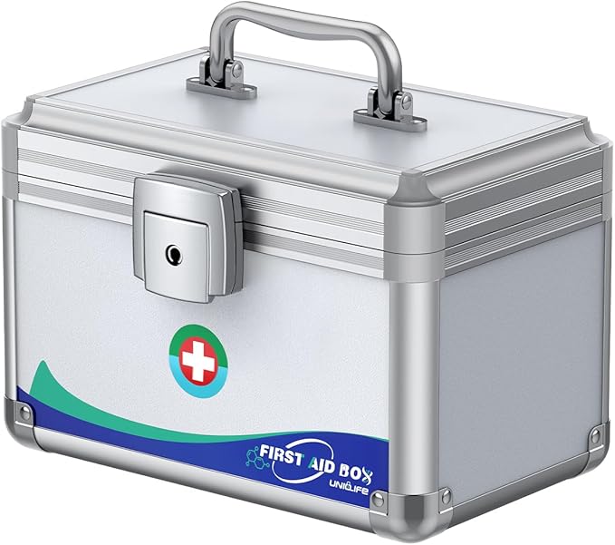 Uniclife Medicine Lock Box First Aid Box with Key Lock & Handle Portable Medication Lock Box Metal Lockable Medicine Storage Chest Security Lock Case for Medications, 10" x 6" x 6.5"