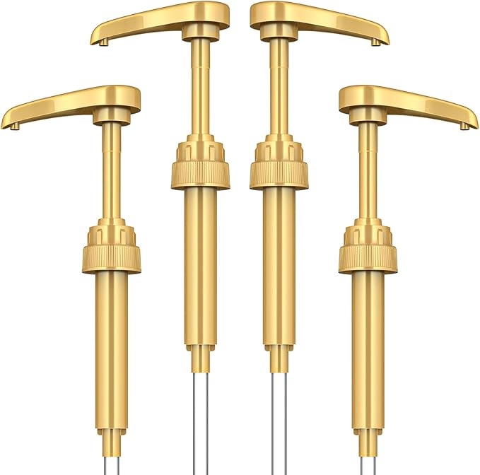 Coffee Syrup Pump Dispenser, 4 Packs of Syrup Pump for 750ml/25.4 oz Syrup Bottle, Gold Pumps for Coffee Syrup Bottle, works with Torani, DaVinci, Jordans Skinny 750ml Syrups Bottles (Gold)