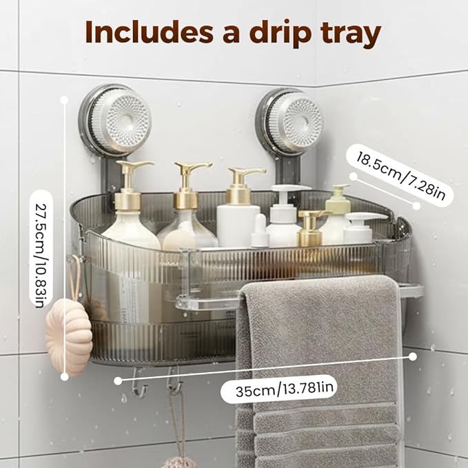 No-Drill Bathroom Suction Storage Box, 2026 Upgrade Removable Bathroom Hanging Suction Storage Box, Corrugated Suction Cup Storage Holder for Home, Bathroom Shower Caddy (Grey)