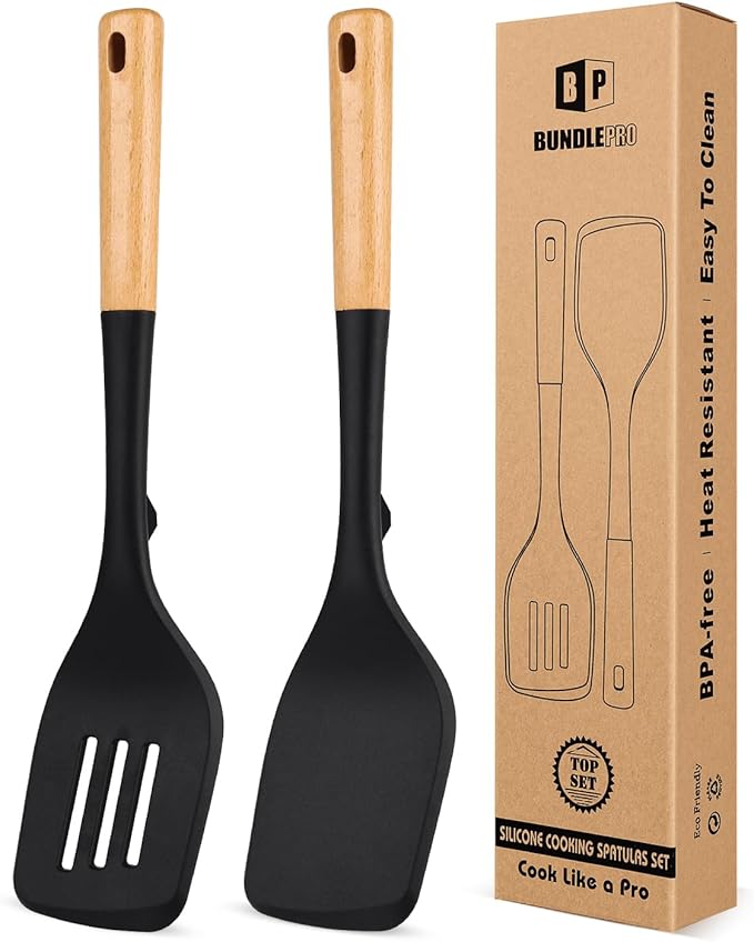 Pack of 2 Large Silicone Spatula, Heat Resistant Solid Turner, Non Stick Slotted Spatulas with Wooden Handle, Ideal Kitchen Utensils for Flipping, Pancakes, Eggs, Fish(KHAKI)
