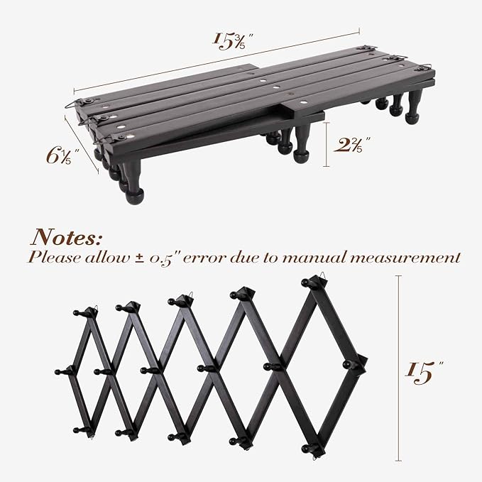Accordion Wall Hanger with 16 Hooks, Wooden Wall Expandable Coat Rack for Coat, Hats, Baseball Caps, Coffee Mug, Jewelry(Black)