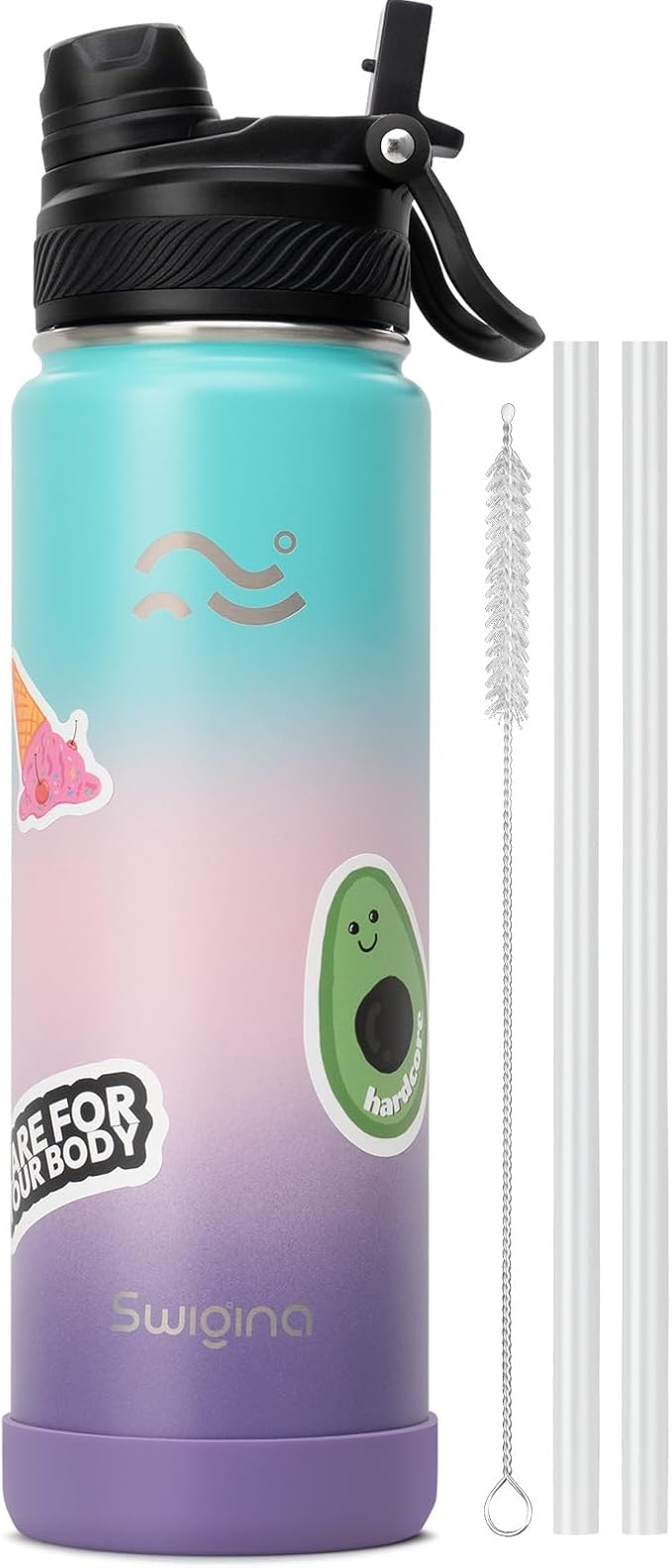 [2-IN-1 LID] Insulated Water Bottle with Silicone Boot (36hrs Cold/18hrs Hot) - DIY Stickers, Leakproof, BPA Free, 24 oz