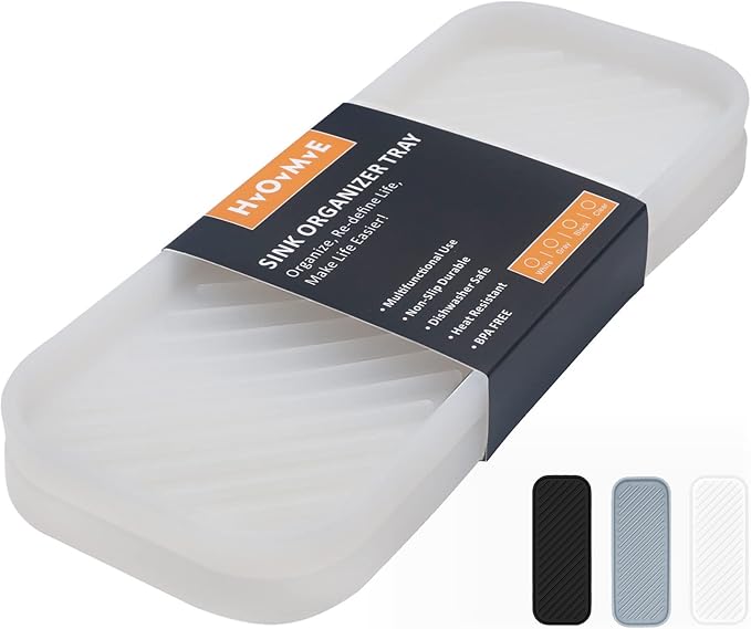 Silicone Organizer Tray, Soap and Sponge Holder for Kitchen Sink, Bathroom - Storage Tray for Dish Brush, Soap Dispenser, Dishwashing Accessories- 2 Pack (Clear)