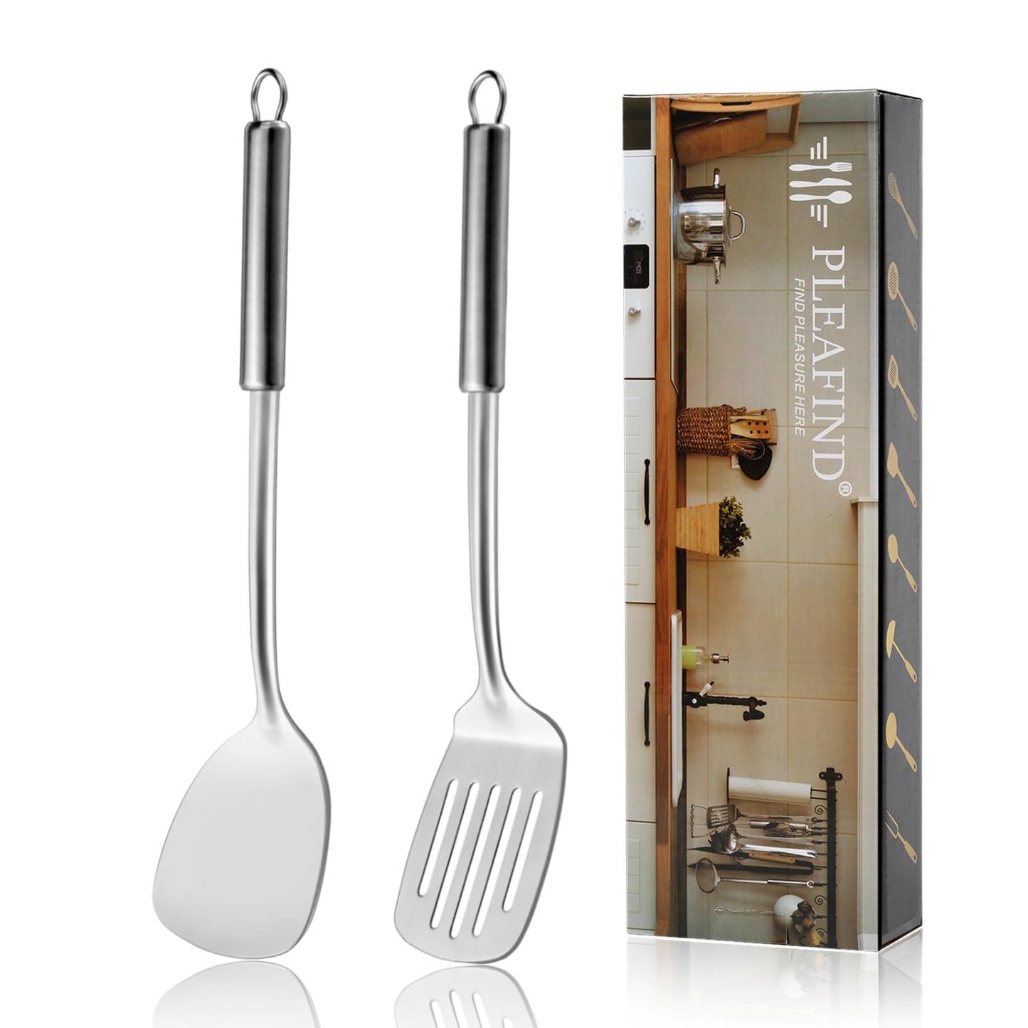 Pleafind Cooking Utensils Set - 4 Pcs Stainless Steel Kitchen Utensils Set with Solid Turner, Slotted Turner, Serving Ladle, Slotted Spoon, Wok Utensils Set with Heat Resistant Handle, Dishwasher Safe
