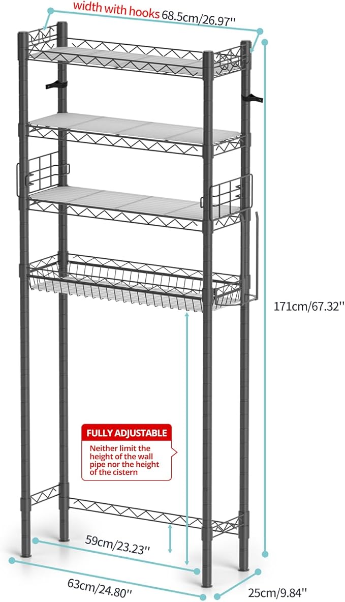 4-Tier Over The Toilet Storage, Adjustable Over Toilet Bathroom Organizer Rack, Freestanding Bathroom Shelves Above Toilet Storage, Sturdy Bathroom Space Saver with Basket and Shelves, Gray