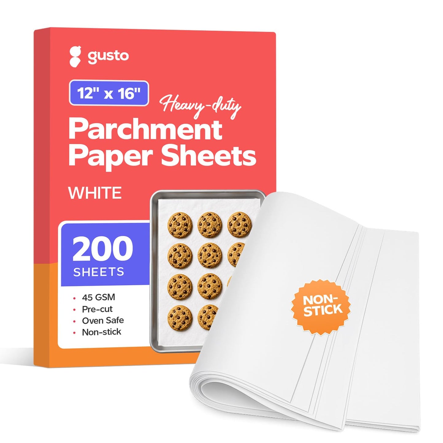 GUSTO [16 x 24 Inch - 100 Count] Pre-Cut Parchment Paper Baking Sheets, Non-Stick, Unbleached, Parchment Paper Sheets for Baking & Cooking - White - Formerly Comfy Package