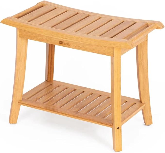 Bamboo Shower Bench Inside Shower Stool with Storage Shelf, Spa Bath Chair for Bathroom, Seat or Organizer for Living Room, Bedroom and Garden - Great for All Ages Unisex Elderly (Large, Natural)