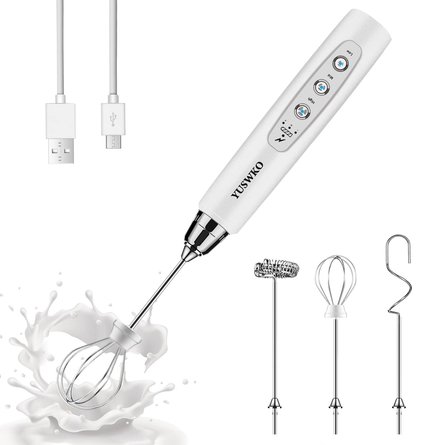 YUSWKO Handheld Milk Frother Wand for Coffee, Rechargeable Electric Whisk with 3 Heads 3 Speeds Drink Mixer Coffee Frother For Latte, Cappuccino, Hot Chocolate, Egg, Beige