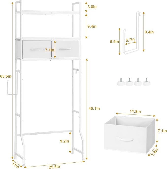 YBING Over The Toilet Storage Cabinet, Over Toilet Bathroom Organizer with Drawer, Above Toilet Stand with Roll Holder and Hooks, Over Toilet Storage Shelf Cabinet, Wooden, White