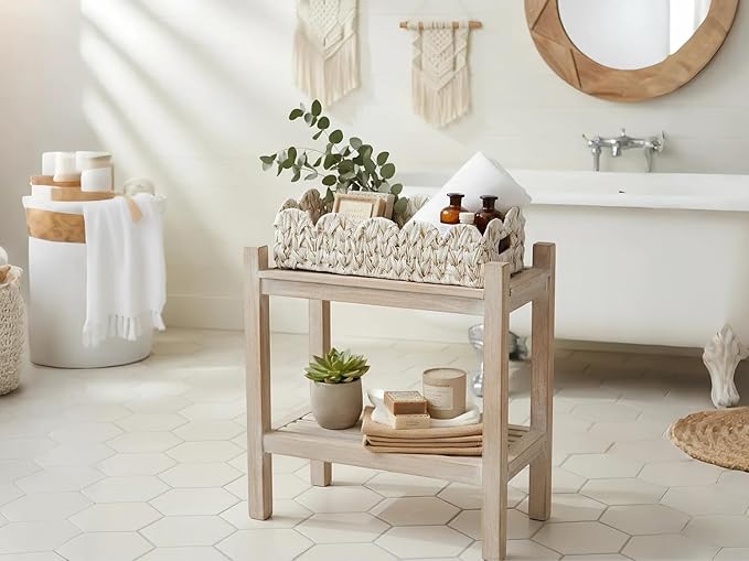 Toilet Basket,Set of 2 Scalloped Baskets for Paper Storage,Back of Toilet Tank Basket for Shelves,Countertop,Tank Topper,White,Rectangle