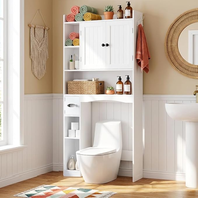 Gizoon 66''H Over The Toilet Storage Cabinet, White Over Toilet Storage Cabinet, Over Toilet Bathroom Organizer, with 2 Doors, Paper Holder and Racks, Adjustable Shelf, for Bathroom, Laundry, White