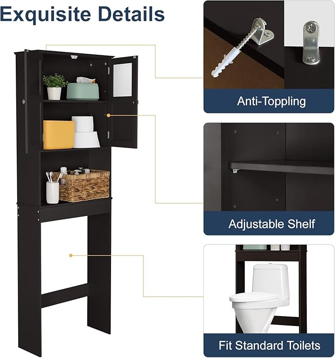 Bonnlo Over The Toilet Storage Cabinet Bathroom Behind Toilet Shelf Towel Storage Freestanding Organizer Space Saver with Double Door Glass Window Cabinet Tower with Adjustable Shelf (Brown)