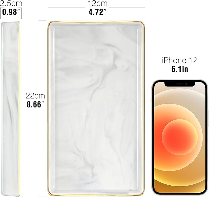 Luxspire Vanity Tray, Marble Ceramic Jewelry Dish Tray, Bathroom Tray with Golden Edged Home Décor, Countertop Organization Bathroom Holder Organizer for Candles, Perfume - Marble White