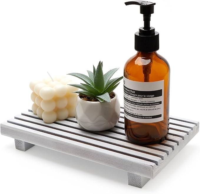 Renawe Wood Pedestal Stand for Bathroom Tray Kitchen Counter Decor Bathroom Sink Accessories Decorative Wooden Risers for Kitchen Soap Tray Vanity White Bathroom Counter Decorations Dish Soap Holder