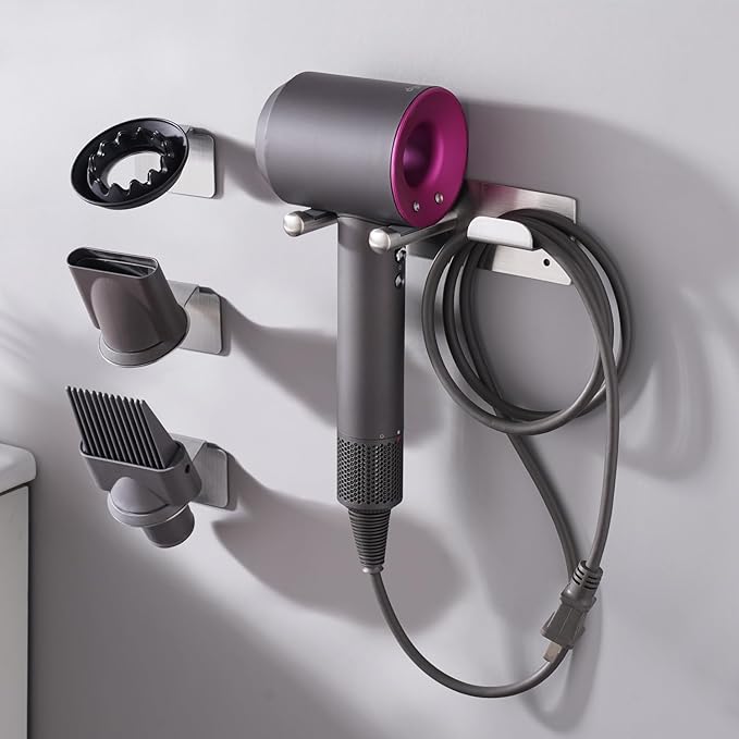 Hair Dryer Holder, Hair Dryer Holder Wall Mount for Supersonic/Nural & Attachments. Stainless Steel Hair Dryer Stand with Magnetic Rings. Hair Tool Organizer for Bathrooms Silver BANJEKT