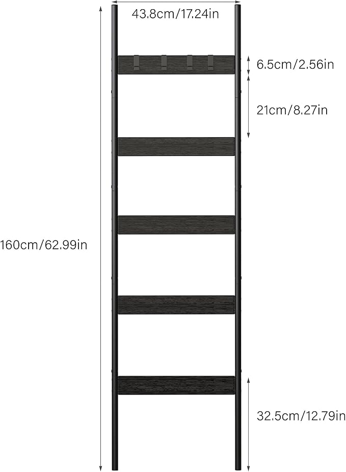 Blanket Ladder, 5-Tier Towel Holder with 4 Removable Hooks, Farmhouse Wall Leaning Decorative Rack Shelf, Wooden Towel Display Rack, Quilt Ladder for Living Room, Bedroom, Black