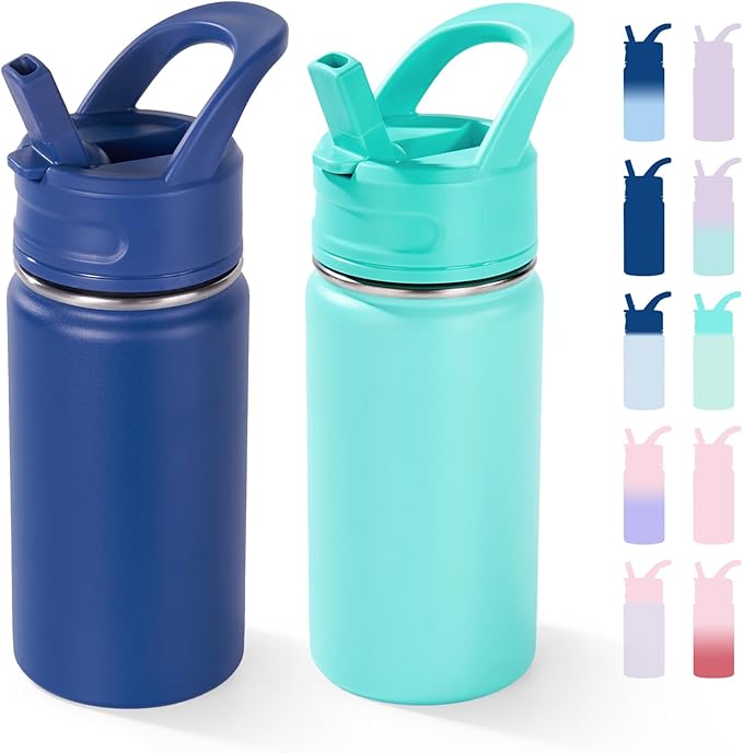12oz Kids Water Bottle for School, Toddler Bottles with Straws, Stainless Steel Vacuum Insulated Water Bottle for Boys&Girls, Leak-Proof, BPA-Free, Blue + Green