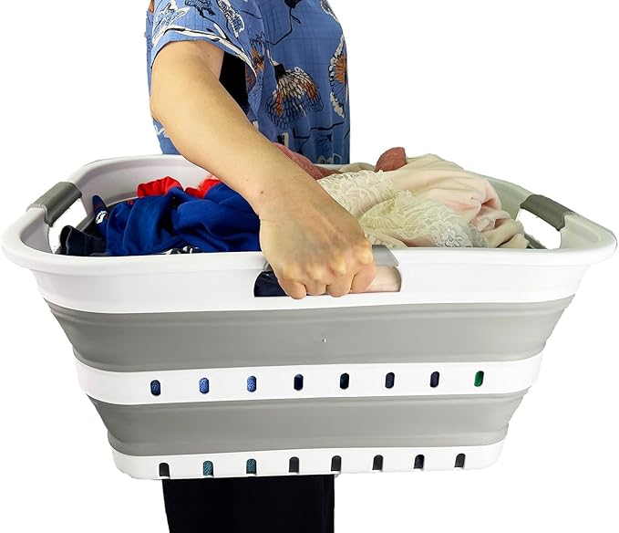 SAMMART 42L (11 gallon) Collapsible Plastic Laundry Basket - Foldable Pop Up Storage Container/Organizer - Space Saving Hamper/Basket (1, Grey/White)