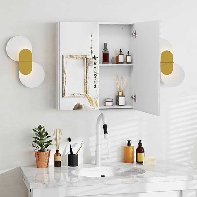 Tangkula Mirrored Medicine Cabinet, Bathroom Wall Hanging Cabinet with Double Mirrored Doors & Adjustable Shelf, Wall-Mounted Bathroom Storage Organizer, White, 24.5 x 4.5 x 25.5 Inches